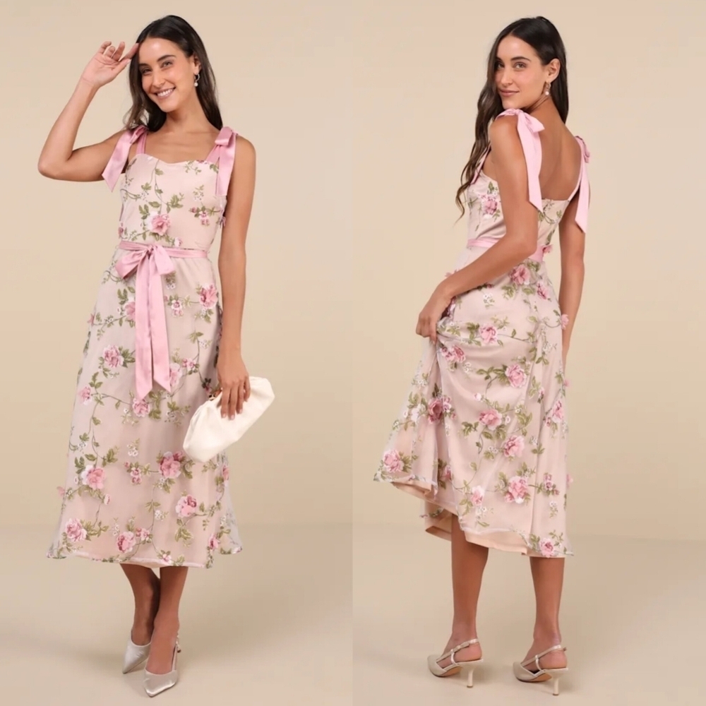 Lulus Authentic Sweetness Pink Floral Applique Tie-Strap Midi Dress S Wedding
